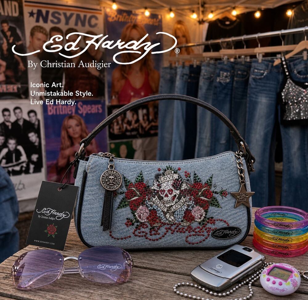 Ed Hardy Love Kills Slowly Bling Denim Shoulder Bag Y2K NWT